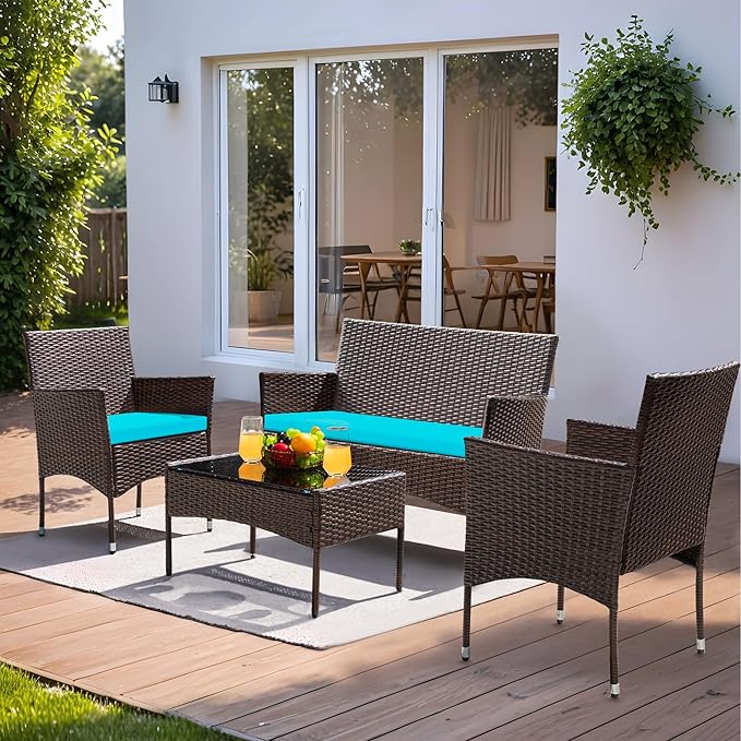Greesum Patio Furniture 4 Pieces Conversation Sets Outdoor Wicker Rattan Chairs Garden Backyard Balcony Porch Poolside loveseat with Cushion and Glass Table, Brown and Blue