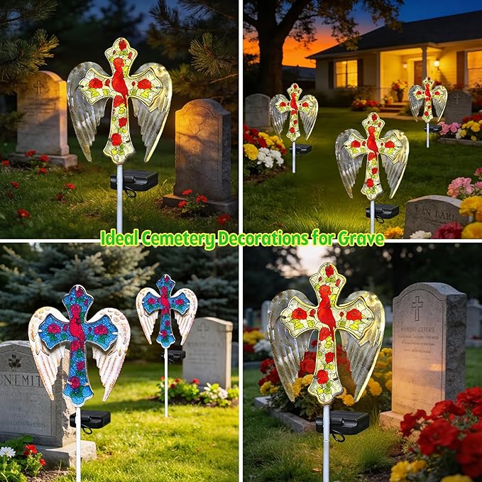 Solar Cross Lights Outdoor, Solar Cardinal Stake Lights Cemetery Decorations for Grave, Jesus Cross Sympathy Memorial Gifts for Women Mom Christmas, Glass Garden Art for Cemetery Yard Patio