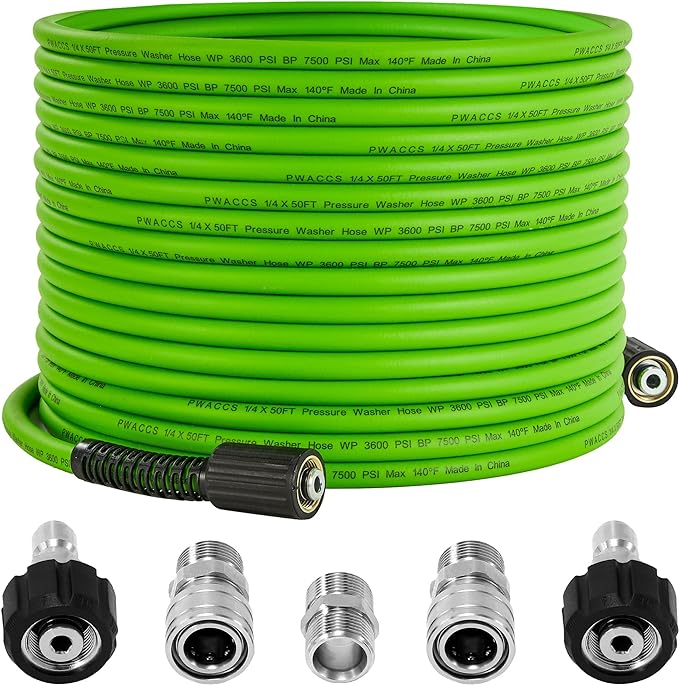 PWACCS Pressure Washer Hose 50 FT x 1/4", Power Washer Hose Kink Resistant, Universal High-Pressure Washing Extension Hoses Replacement, Compatible with M22 Stainless Steel Fittings, 3600 PSI, Green