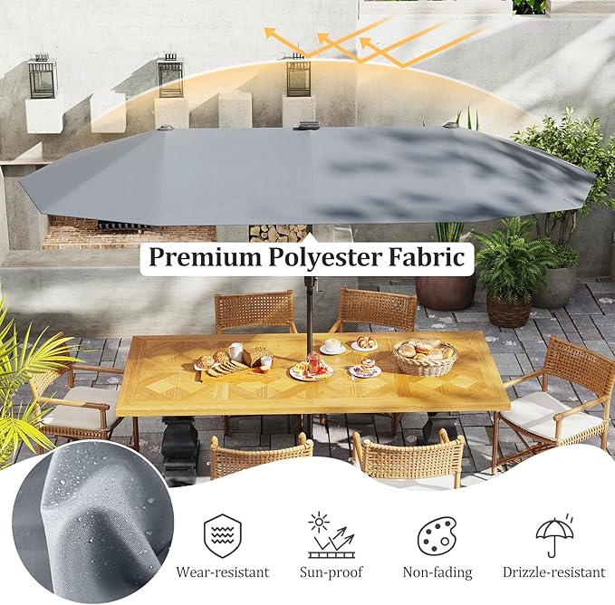 HAPPYGRILL 13 FT Double-sided Patio Umbrella with Solar Lights, Crank Handle & 12 Heavy-Duty Ribs, Outdoor Twin Size Oversized Rectangle Market Umbrella for Garden Deck Poolside