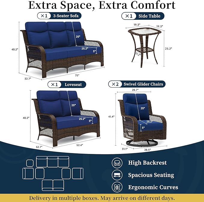 PIZZELLO 5 Pieces Patio Furniture Set w/ 5" Cushions and 25" Full Support Back, 3-Seater Outdoor Sectional Sofa, Loveseat, Swivel Rocker Patio Chairs and Side Table, Wicker Conversation Set for Patio