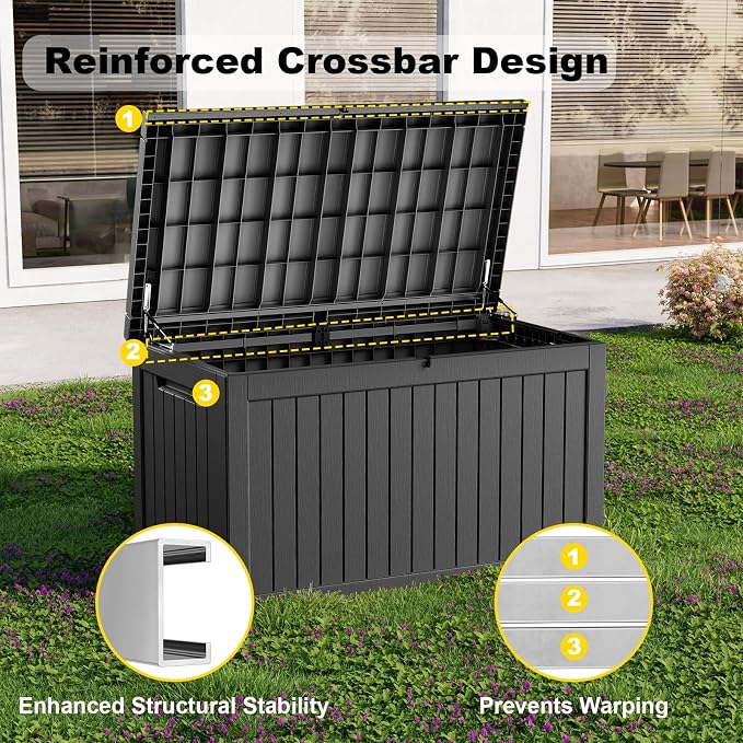 PatioZen 280 Gallon Large Deck Box,Resin Outdoor Storage Box with Lockable for Patio Furniture, Garden Tools Waterproof Outside Storage Box, Black