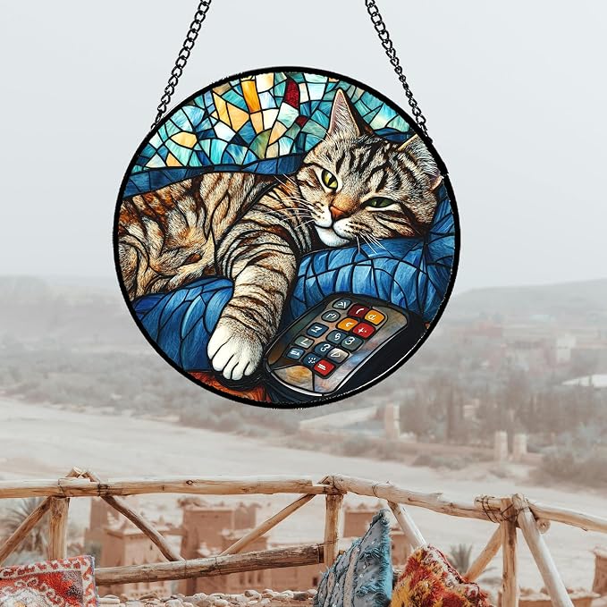 DASTOLL Stained Glass Window Hanging Gray Cat and Remote Control 9.8" - Suncatcher Door Garden Kitchen Sun Catcher Home Decor Birthday for Lost Pets Mom Men Woman Friend Grandma