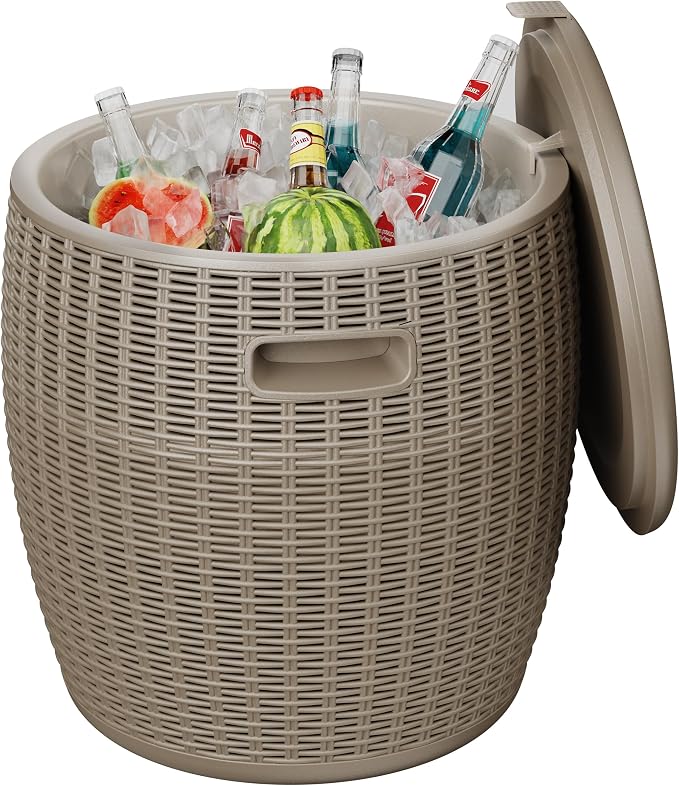 Outdoor Cooler Side Table, 9.5 Gallon Weather-Resistant Portable Ptio Cooler Table, Resin Rattan Round Cool Bar with Lid for Patio, Decor, Pool, Party (Gray)
