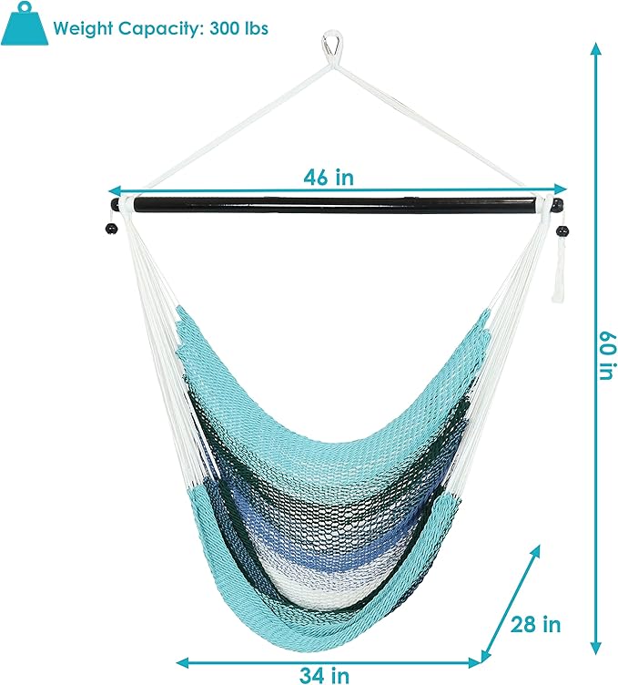 Sunnydaze Lagoon Stripes Woven Double Hammock with Crocheted Edges/Spreader Bars and Soft-Spun Polyester Rope Hanging Hammock Chair