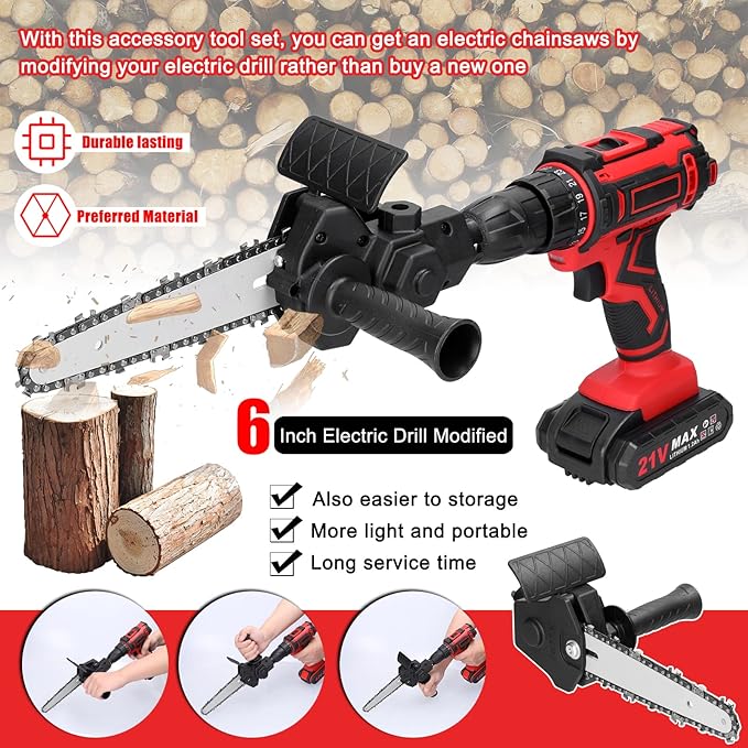Electric Chainsaw Attachment, 6 Inch Electric Drill Attachment, Woodworking Cutting Tool Accessories for Wood Cutting Tree Trimming, Household Garden Use, for 6-13mm 3-jaw Collet Drill