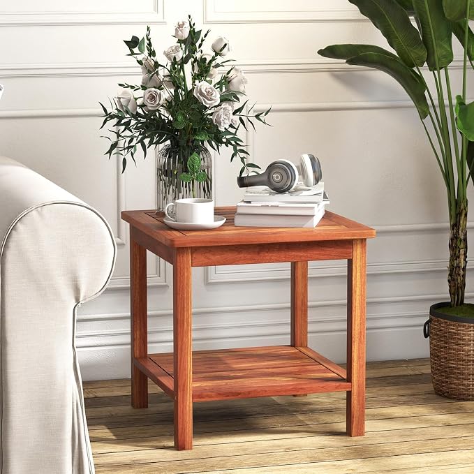 HAPPYGRILL Adirondack Outdoor Side Table Patio 2-Tier Square End Table, Acacia Wood Coffee Table for Porch, Poolside, Backyard, Garden, Balcony, Living Room