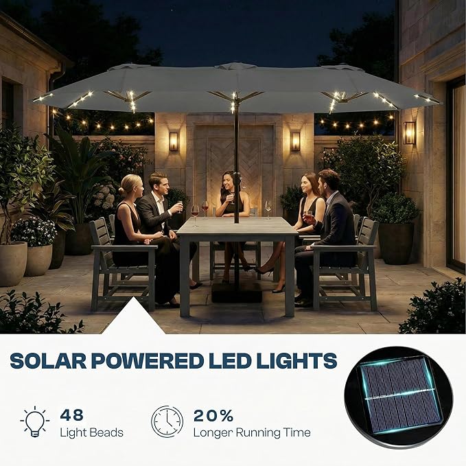 15FT Large Outdoor Patio Umbrella with Solar Lights and Base, Double-Sided Table Umbrellas with 48 LED Lights, Rectangle Market Umbrella for Pool, Deck, Backyard