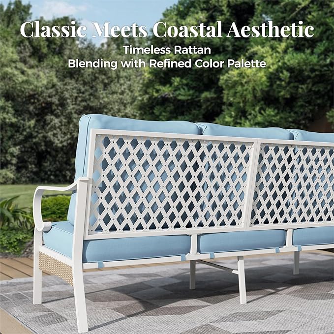 5 Piece Metal Patio Furniture Set, 7-Seat All Weather Outdoor Conversation Set with 3-Seat Sofa & 2 Swivel Chairs & Love Seat, Outdoor Sofa Set for Backyard, Deck, Garden, White/Blue
