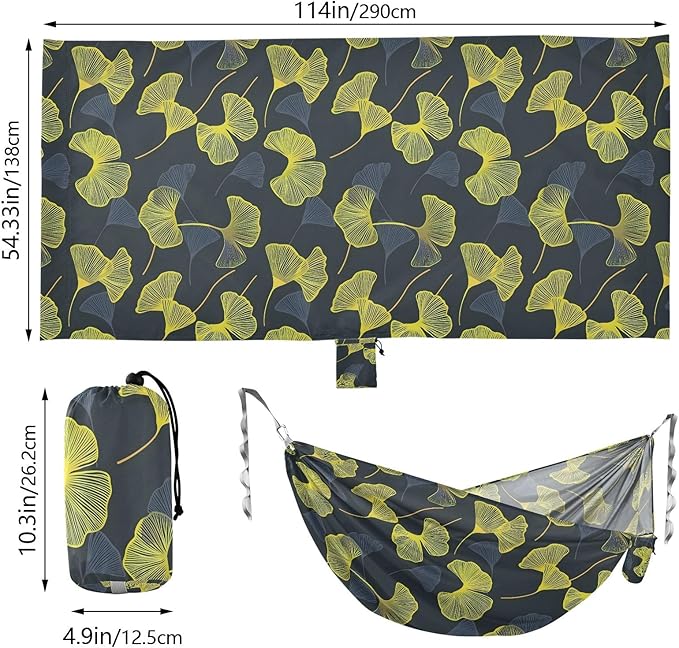 Camping Hammock Outdoor Hammocks for Outside Ginkgo Leaves Beach Trees Portable Lightweight with Pockets Tree Straps Indoor Small