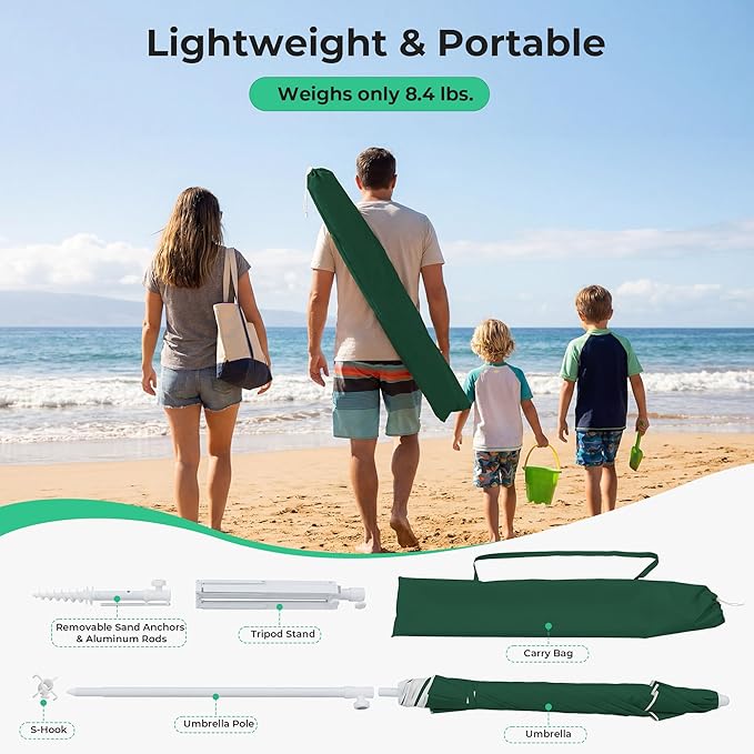 JEAREY 6.5ft Sun Shade Umbrellas, Portable Umbrella with Stand, Lightweight Sun Protection Free Standing Sport Umbrella for Outdoor Sports, Camping, Fishing, Patio, Beach, Dark Green