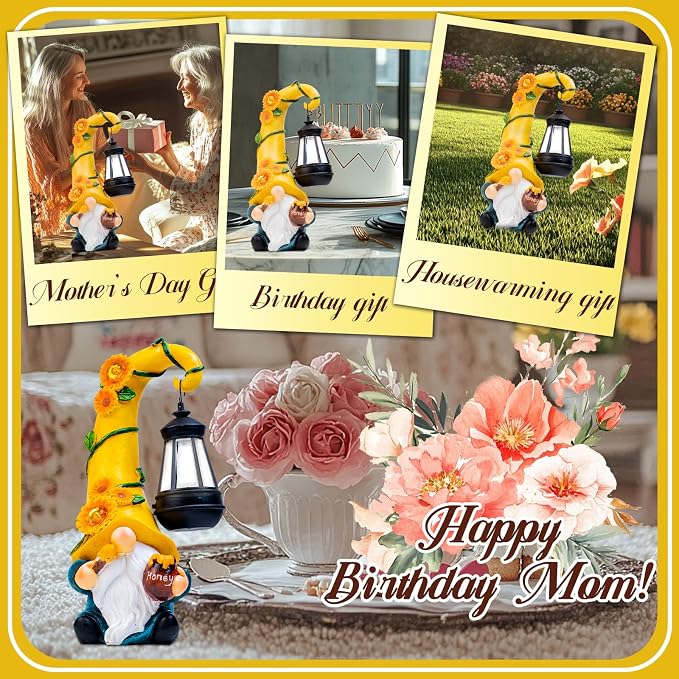 twinbling Birthday Gifts for Women Mom Garden Gnome Statue | Solar Lights Large Garden Sculptures Funny Bee Gnome Outdoor Patio Lawn Yard Garden Decor 12 in Summer Gnomes Outdoor