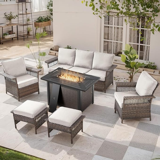 Patio Furniture Set with Fire Pit Table, 6PCS Patio Conversation Set Brown Resin Wicker Patio Chair Sofa Ottoman with 43in Rectangular Iron Outdoor Fire Table PE Rattan Furniture