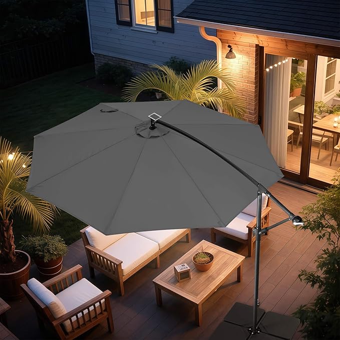 FLAME&SHADE 10ft Solar Cantilever Umbrella with 40 LED Lights, Lighted Large Offset Outdoor Patio Umbrellas, 8 Sturdy Ribs, UPF50+ UV Protection for Pool Deck Garden Yard, Anthracite