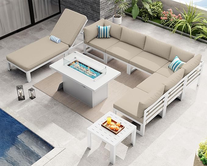 NICESOUL Extra Large Luxury Aluminum Outdoor Sectional Sofa with Lounger, Weather Resistant Modular Patio Furniture Set for 7 People, 500 lbs Heavy Duty Conversation Couch for Poolside Garden, Beige