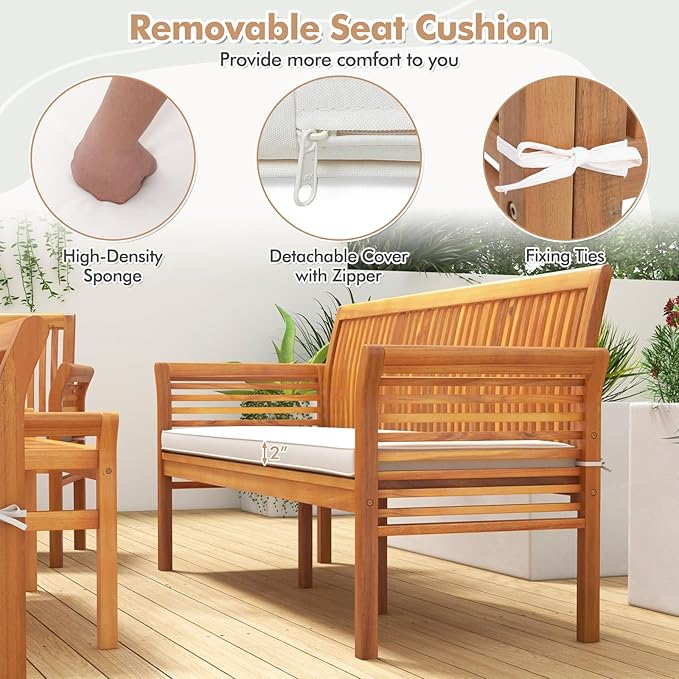 Tangkula 5 Pieces Acacia Wood Patio Furniture Set, Wood Outdoor Conversation Set with 3-Seat Bench, Loveseat, 2 Armchairs & Coffee Table, Cushioned Outdoor Sofa Set for Poolside, Porch, Balcony