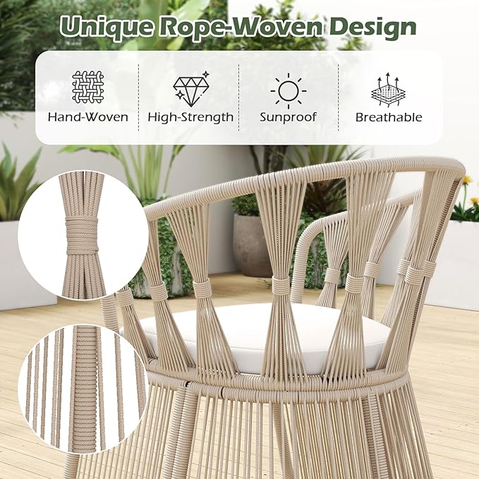 Tangkula 3 Piece Patio Leisure Chair Set, Outdoor Rope-Woven Cushioned Armchairs & Table Set with Tempered Glass Tabletop, for Balcony, Porch, Backyard (Off White)