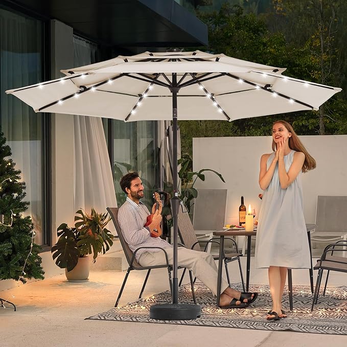 JEAREY 3 Tiers Patio Umbrella with Solar Lights 9ft Outdoor Market Table Umbrellas with Push Button Tilt for Outside Pool Garden, Tan
