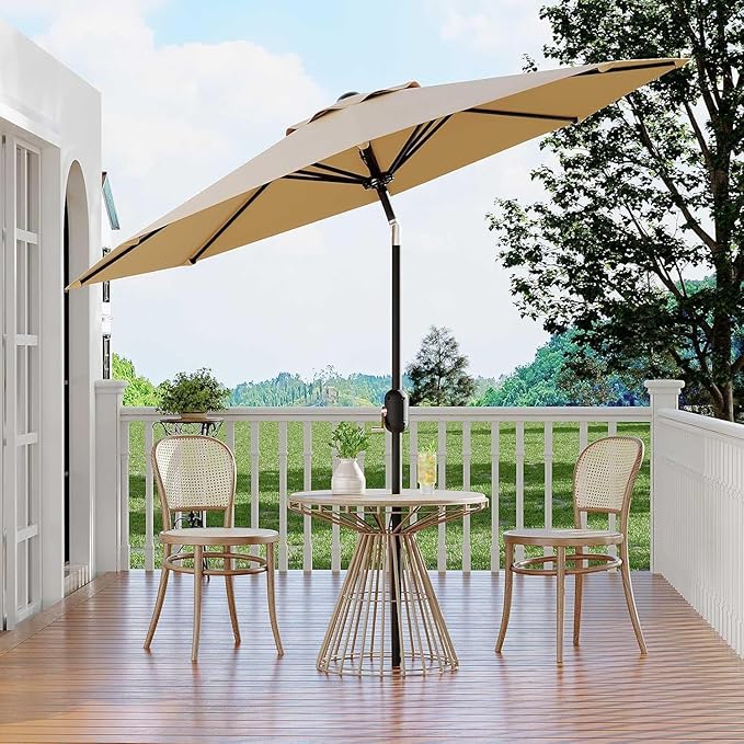 IDEALHOUSE 9Ft Outdoor Patio Umbrella, 8 Sturdy Ribs Table Umbrella With Crank Lift & Push Button Tilt, Market Umbrella UV Protection Waterproof for Garden, Deck, Backyard, Pool