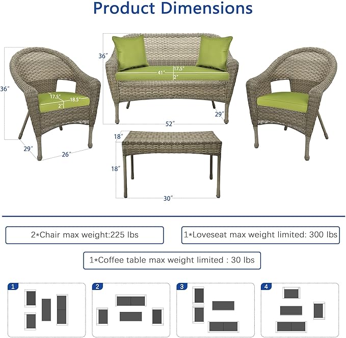 Jeco W00402G-G-FS029 Set of 4 Resin Wicker Clark Conversation Set, Grey, Sage Green Cushion