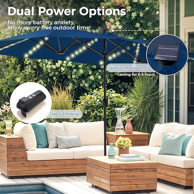 SUPERJARE 13ft Outdoor Patio Umbrella with Solar Lights, Double-sided Deck Pool Umbrella with 1.5 Inch Pole, Fade Resistant Canopy, 12 Sturdy Ribs, for Porch, Market, Backyard, Navy Blue(No Base)