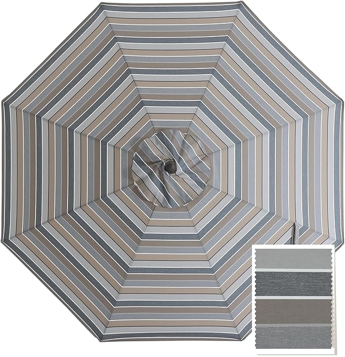 MASTERCANOPY 5-Year-Non-Fading Olefin 9FT Patio Umbrella Replacement Canopy for 8 Ribs- Gray & Chestnut Multi-Stripes Canopy Only