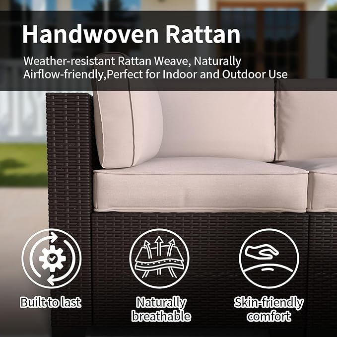7 Piece Patio Furniture Set, Wicker Patio Conversation Sets, Outdoor Sectional Furniture with Tempered Glass Table, for Backyard, Deck, Garden, Dark Brown Rattan & Khaki Cushions