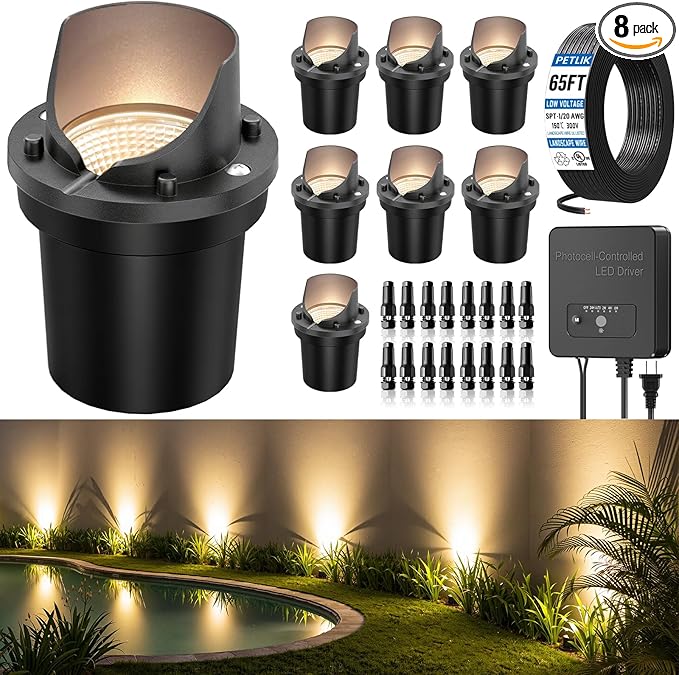 All-in-One Low Voltage Landscape Lighting 12W LED Well Lights IP67 Outdoor In-Ground Lights Waterproof with Transformer, 2700K Warm White Pathway Lighting for Yard Garden, 8 Pack