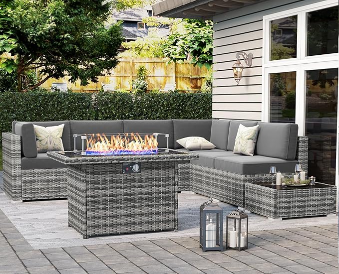 LayinSun 8 Piece Patio Furniture Set with Fire Pit Table, Outdoor Conversation Sets Wicker Rattan Sectional Sofa with Coffee Table
