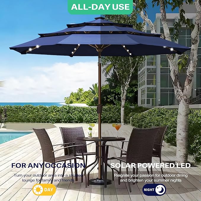 EliteShade USA 10-Year-Non-Fading 10ft 3-Tier Market Patio Umbrella, Commercial Table Umbrella with 80 Solar LED Lights, Crank Open, Windproof & UPF 50+ UV Protection for Garden, Deck, Pool, Backyard, Navy Blue