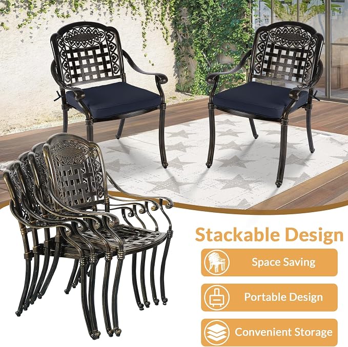 9 Piece Outdoor Patio Dining Set for 8, Cast Aluminium Large Square Dining Table & 4 Swivel Rocker Chairs, 4 Stationary, 8 Cushions, Umbrella Hole, Patio Furniture Set for Garden, Navy Blue