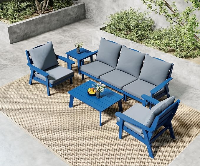 FOOWIN 7-Piece Patio Furniture Set, HDPE All-Weather Outdoor Conversation Set with Thick Cushions, Sectional Patio Sofa Furniture for Deck, Porch, Lawn, Garden, Navy Blue Frame & Grey Cushion