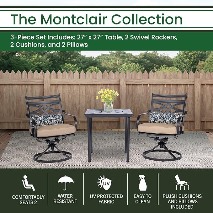 Hanover Montclair 3-Piece Patio Conversation Set, 2 Swivel Rocker Chairs with Comfortable Seat and Lumbar Cushions, 27" Square Stamped Rectangle Table, All-Weather Outdoor Bistro Set