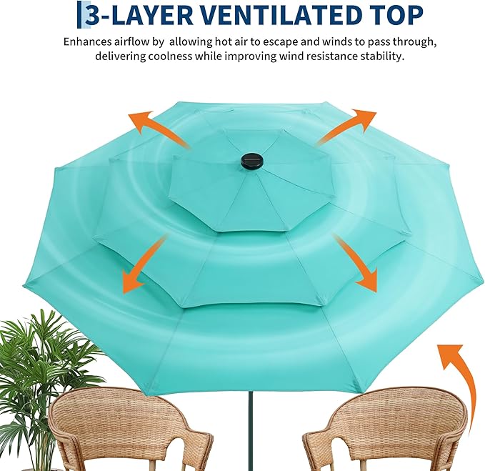9FT 3-Tier Patio Umbrella with Solar LED Lights, Outdoor Table Umbrella with Tilt & Crank, Ventilated Large Market Umbrella with 8 Ribs, UV Protection for Deck, Pool, Garden