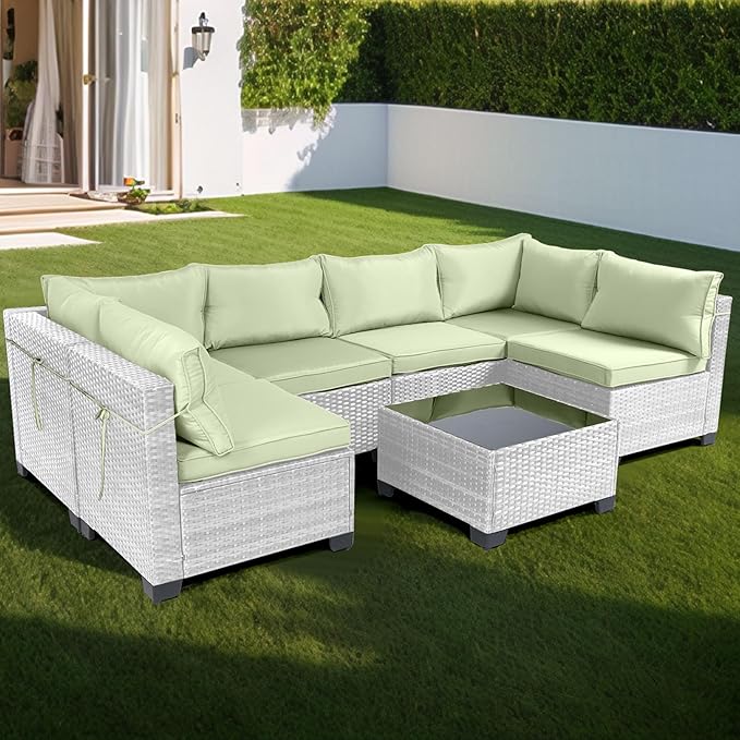 CHABATREE 7 Pieces Outdoor Patio Furniture Sets,Rattan Conversation Sectional Set,Manual Weaving Wicker Patio Sofa with Tea Table