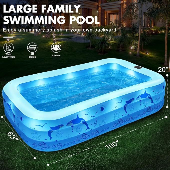 2026 Upgrade Inflatable Pools with Lights, Family Inflatable Swimming Pools for Adults, Blow Up Pool Solar, Large Pool, Durable Thickened Inflatable Family Pool for Backyard-White