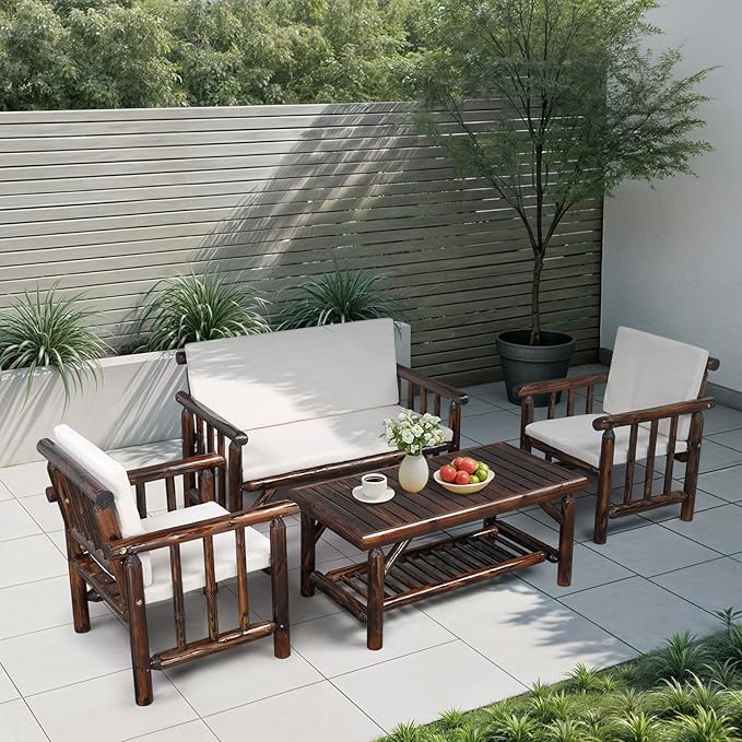 VINGLI Outdoor Patio Furniture Sets 4-Piece, Fir Wood Patio Couch Sets w/Coffee Table, Outdoor Conversation Sectional Set with Removable Cushion for Garden, Lawn, Balcony (Cabonized Color)