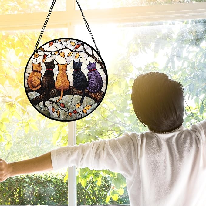 DASTOLL Stained Glass Window Hanging - 5 Cats on a Branch Suncatcher for Window Doors Home Decoration and Christmas, Mother's Day Father's Day Birthday Gifts for Women, Men, and Mom 7.8x7.8 in