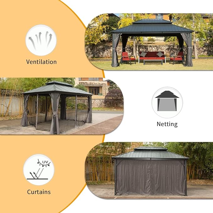 Domi Outdoor Hardtop Gazebo 10’x14’, Permanent Metal Gazebo for Patios with Aluminum Frame, Galvanized Steel Double Roof, Heavy Duty Curtains & Netting, Grey
