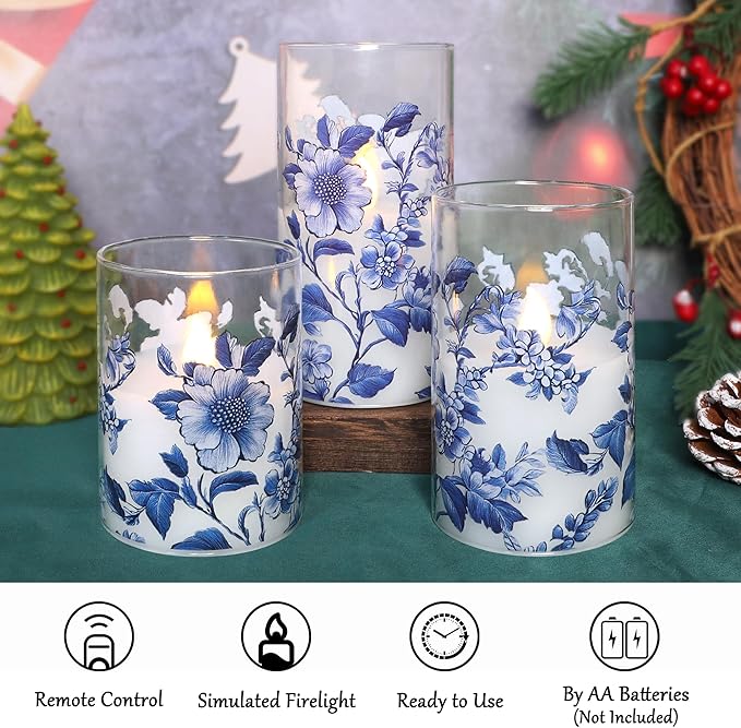 Flameless Candles Glass with Remote Control & Timer Function, Blue and White Porcelain Theme Design, Home Party Wedding Christmas Valentine's Day Decor, Set of 3