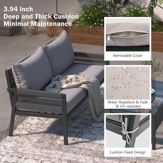 Harper & Bright Designs K&K 4-Piece Rope Patio Furniture Set, Outdoor Furniture with Tempered Glass Table, Patio Conversation Set Deep Seating with Thick Cushion for Backyard Porch Balcony (Grey)
