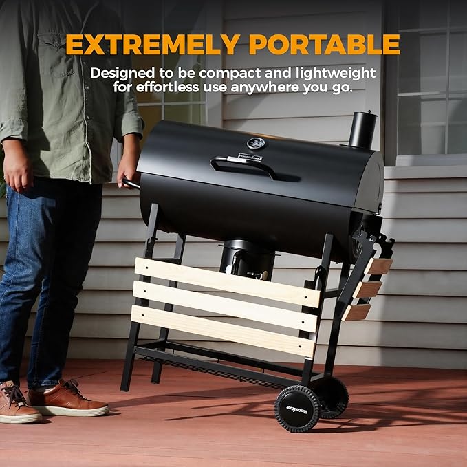 MASTER COOK Barrel Charcoal Grill with Foldable Front Wood Shelf, 686 Sq.in. Cooking Area Outdoor bbq Grill, Thermometer and Adjustable Air Vents for Backyard, Patio, Parties, Tailgating, Black