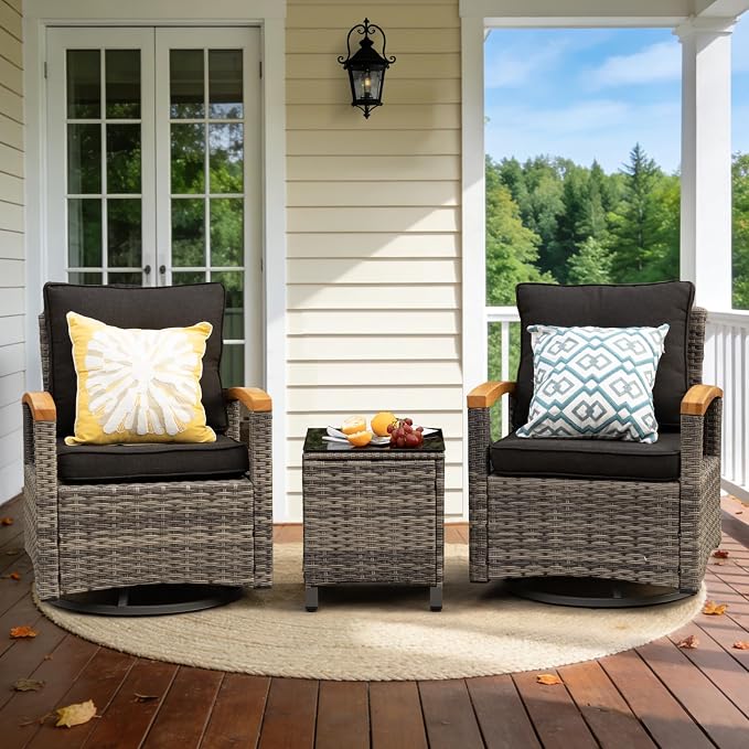 MEISSALIVVE 3 Piece Outdoor Swivel Rocking Chairs, Patio Furniture Bistro Set with 360° Wood Armrests Swivel Glide Chairs and Side Table for Deck Yard and Poolside (Black)