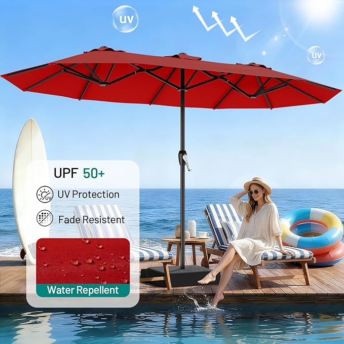 AreShark 15ft Patio Umbrella with Base, Double Sided Outdoor Umbrella with 12 Fiberglass Ribs, Large Outdoor Umbrella for Garden, Pool, Deck, Backyard & Market, Red
