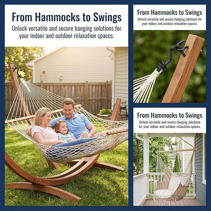 2 Pack Heavy Duty Hammock Hooks, Galvanized Metal Replacement Hardware for Hammock Stand, Fits 1-1/4 to 2 Inch Poles, 3/8 Inch Diameter S-Hooks for Indoor Outdoor Patio Swing & Chair（Black）