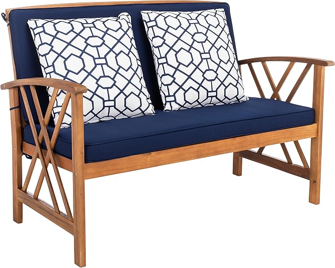 SAFAVIEH Outdoor Collection Fontana Natural/ Navy Blue Cushions/ Geometric Pattern Pillows 4-Piece Conversation Patio Set