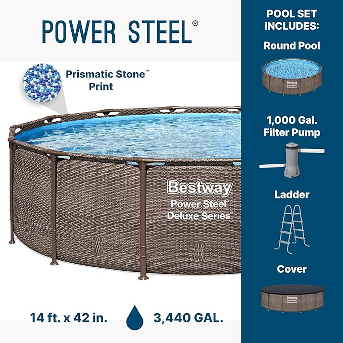Bestway Power Steel 14’ x 42” Above Ground Pool, Round Metal Frame Outdoor Swimming Pool Set with Filter Pump, Ladder, and Cover, Brown