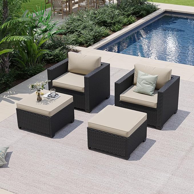 Aoxun 4 Piece Patio Furniture Set with Ottomans, Wicker Outdoor Furniture Conversation Set with 4" Thick Cushions for Deck Yard and Poolside Beige