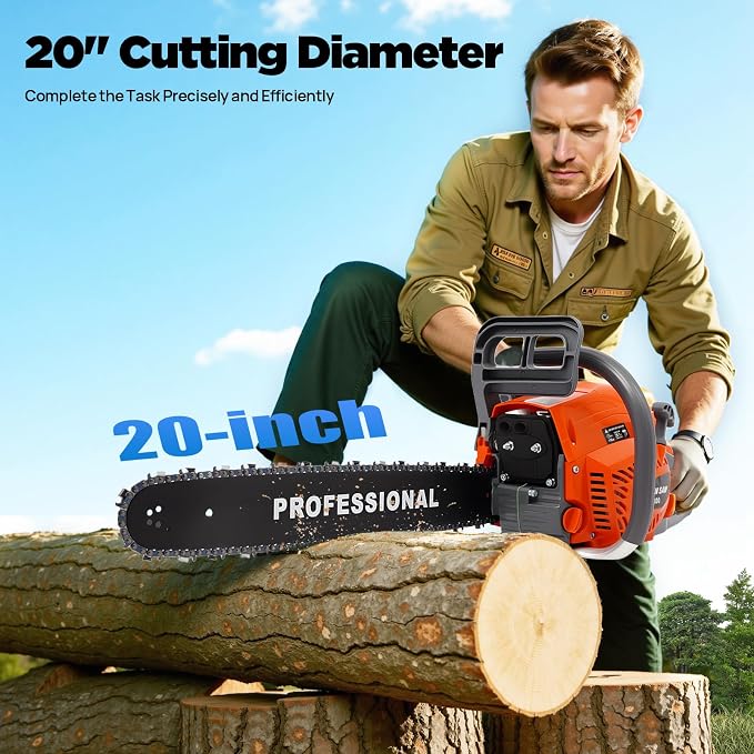 Gas Chainsaw 20 Inch, 58CC 2 Stroke Gasoline Powered Chainsaw, Single Cylinder Air-cooled Handheld Cordless Petrol Chain Saws for Cutting Wood Outdoor Garden Farm Home