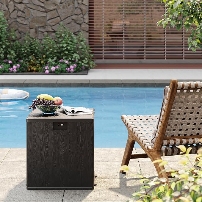 Patikuin 28 Gallon Outdoor Resin Deck Box, Weatherproof & UV Resistant Storage Bench with Lockable Lid, Handles, Imitation Rattan/Wood Pattern, Black